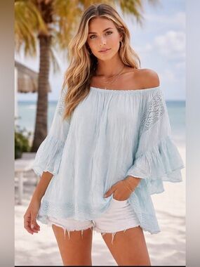 Surf Gypsy Light Blue Off-Shoulder Boho Tunic Top Women’s Size S